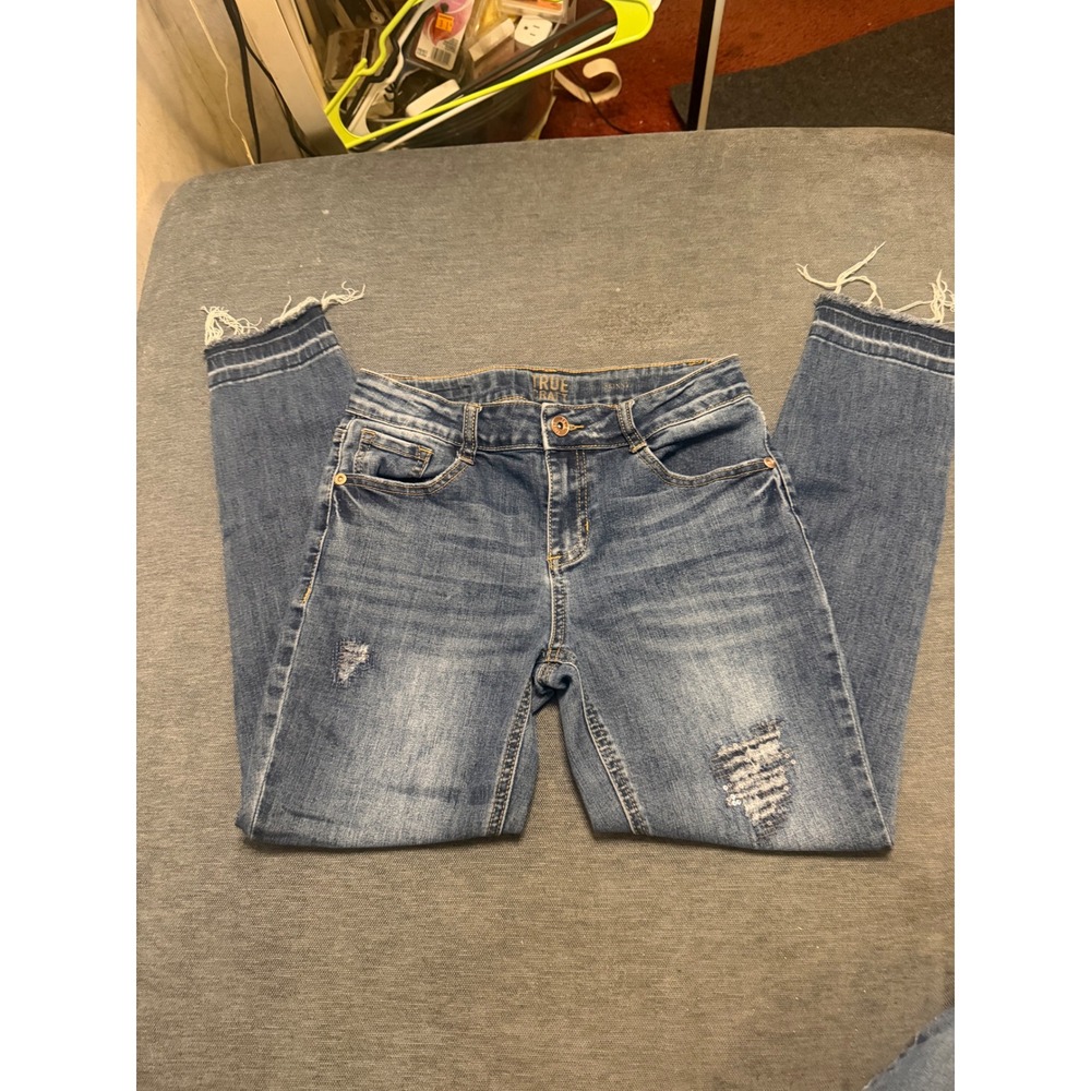 True Craft Girls Skinny Jeans Blue Distressed Sequin Frayed Hem Size‎ 14